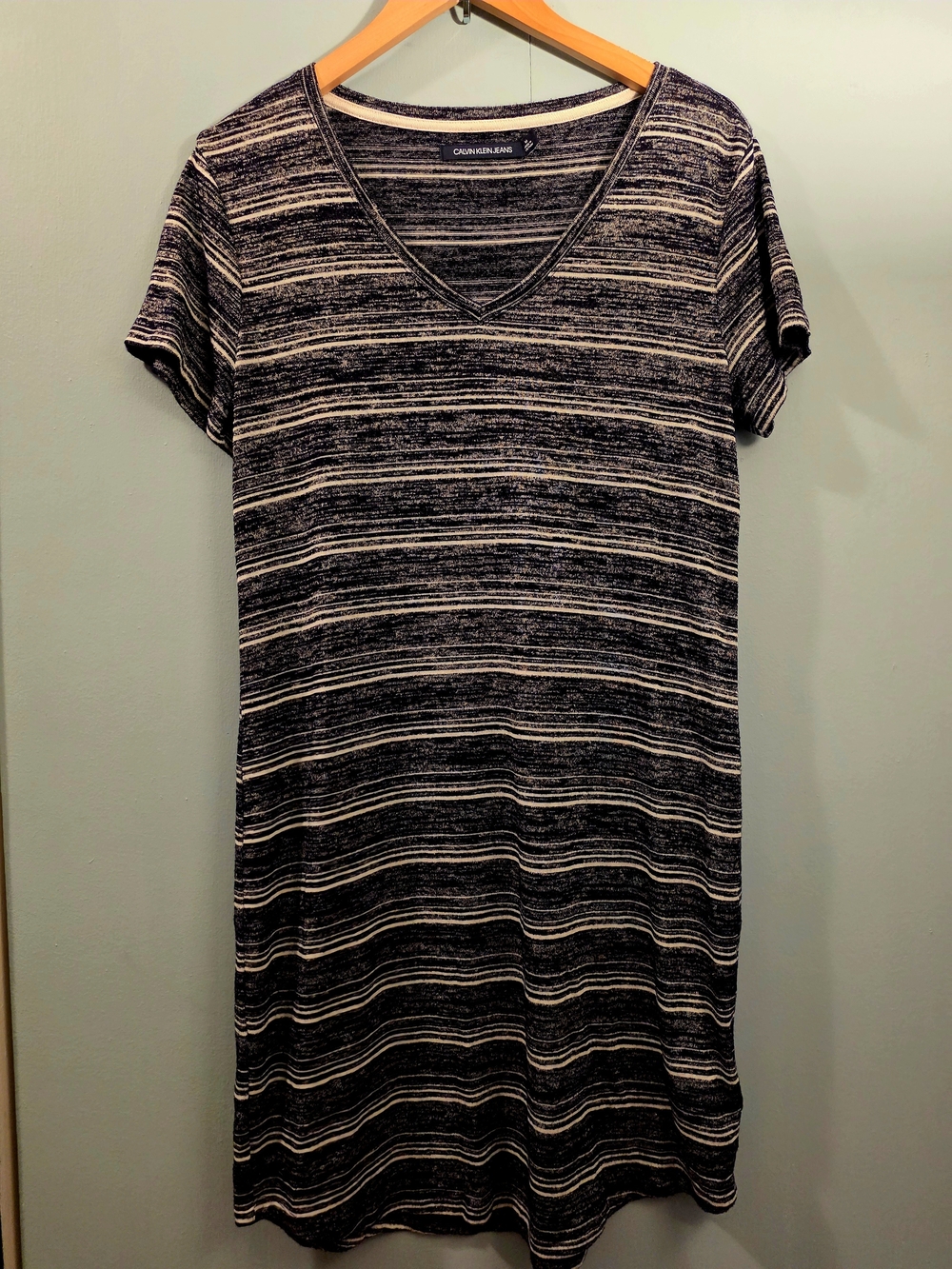 Calvin Klein Striped V-Neck T-Shirt Dress - Navy & White
